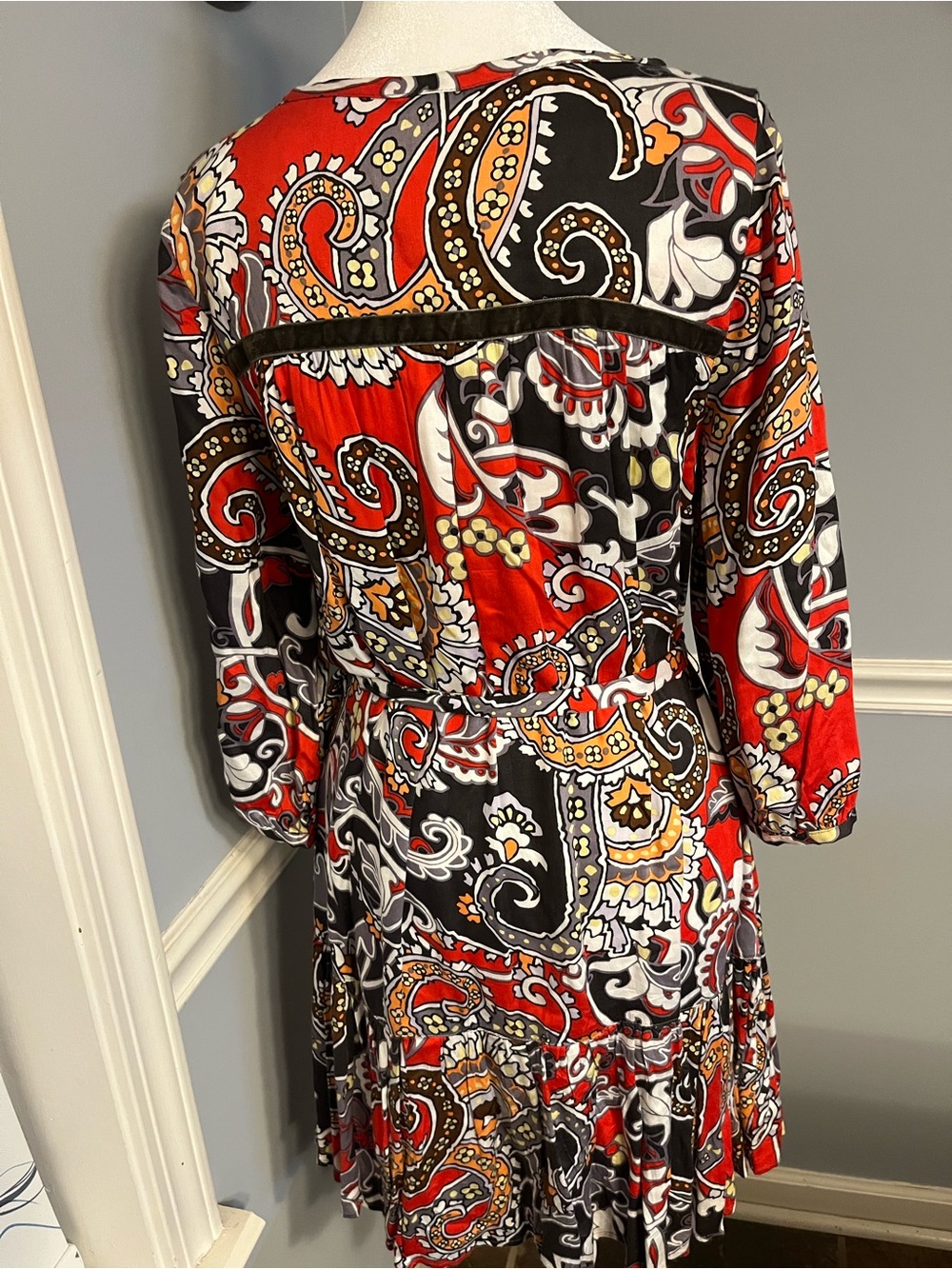 Boho Red, Black & White Paisley-Print Long Sleeve Dress